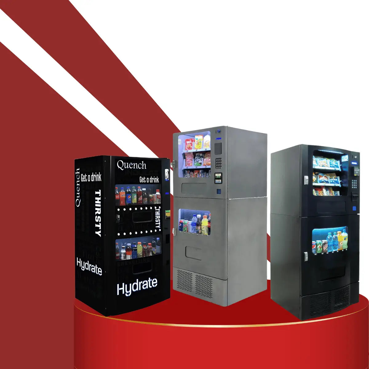 Cold drink vending machines collection featuring three modern beverage dispensers with illuminated displays, digital payment systems, and stocked bottled drinks on a red pedestal background.