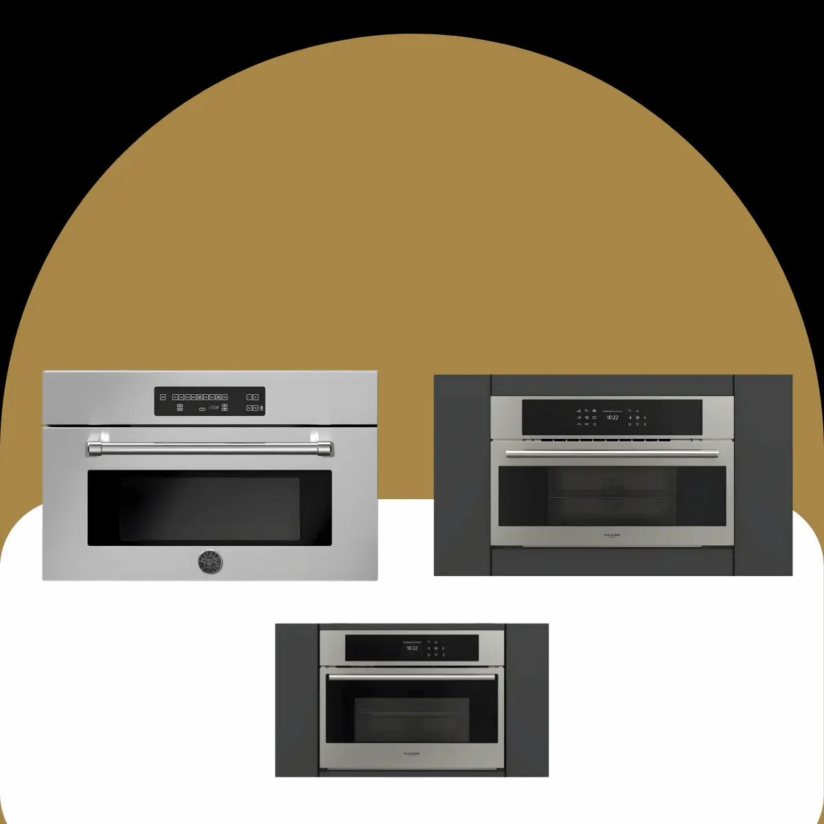 Combi steam ovens collection featuring built-in stainless steel wall ovens with digital touch controls, glass viewing windows, and modern integrated designs for contemporary kitchens.