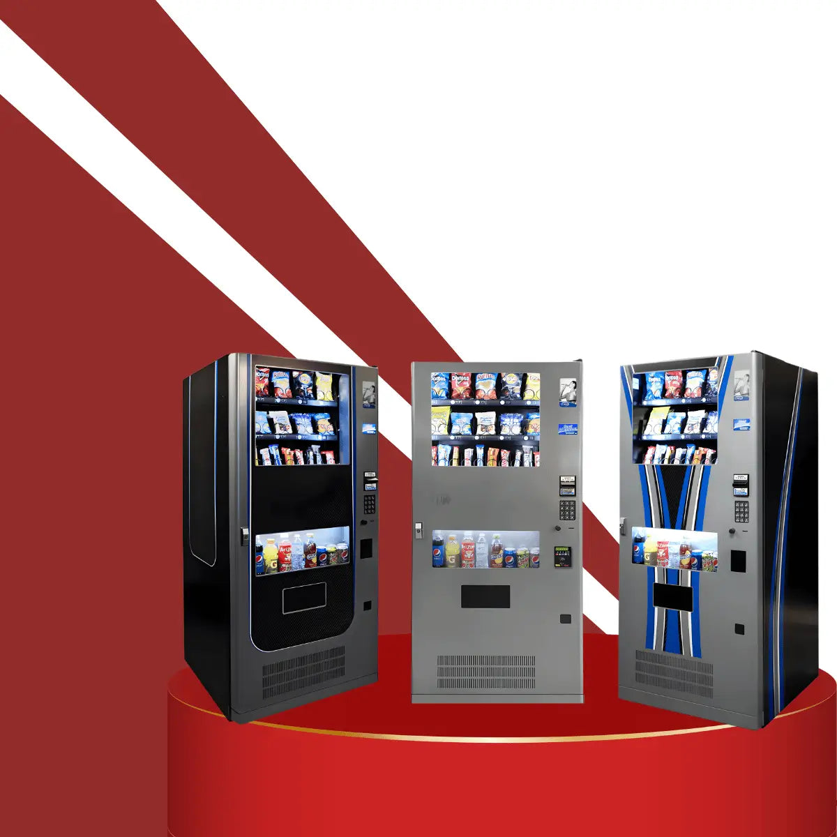 Combo vending machines collection featuring three modern units dispensing snacks and cold drinks with glass fronts, digital keypads, and illuminated product displays on a red pedestal background.