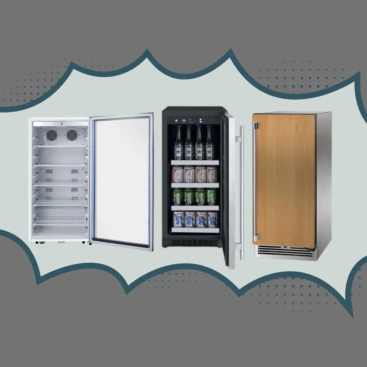Commercial beverage center collection featuring undercounter drink refrigerators with glass and solid doors for bars, restaurants, and commercial kitchens