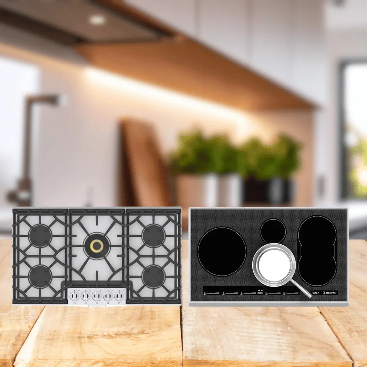 Commercial cooktops collection featuring heavy-duty gas cooktops with cast iron grates and sleek electric cooktops designed for professional kitchen performance
