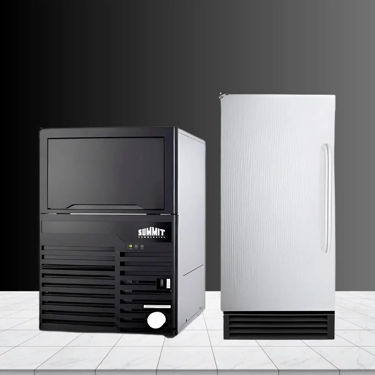 Commercial ice makers collection featuring a heavy-duty black ice machine with front ventilation and control panel alongside a tall white ice storage bin for restaurant and hospitality use.