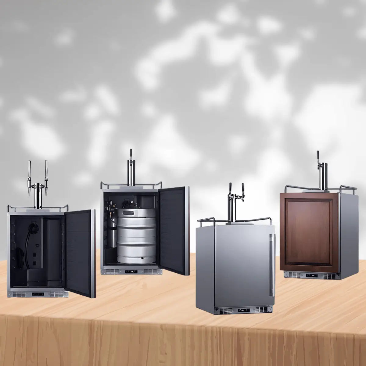 Commercial kegerators collection featuring stainless steel draft beer dispensers with dual tap towers and visible keg storage for bars and restaurants