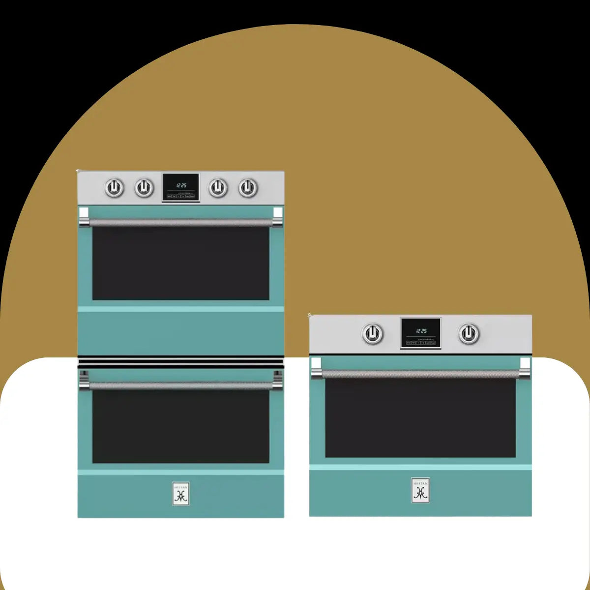 Commercial ovens collection featuring teal professional-style single and double built-in ovens with stainless steel knobs, digital displays, and large glass viewing windows.