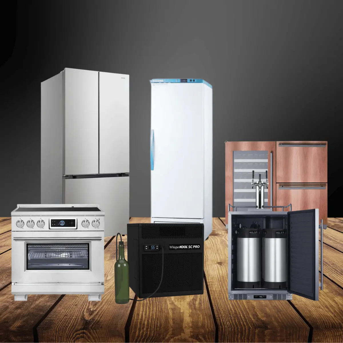 Commercial products collection featuring refrigerators, commercial oven range, beverage kegerator, and wine cooling unit displayed on a wooden surface with a modern dark background.