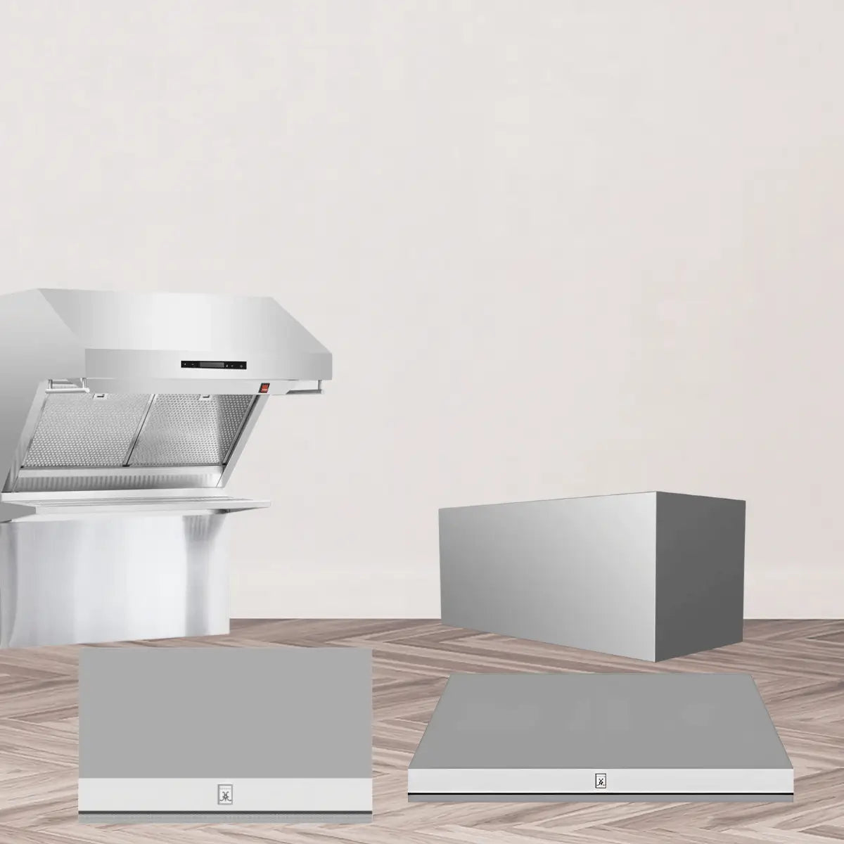 Commercial range hoods collection featuring heavy-duty stainless steel wall-mounted canopy hoods and box-style ventilation systems designed for high-performance kitchen exhaust.