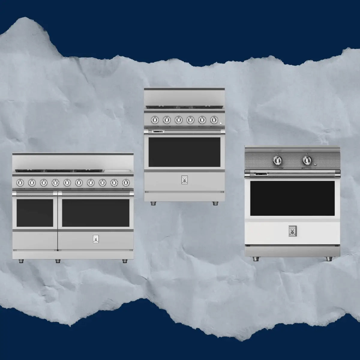 Commercial ranges collection featuring stainless steel professional kitchen ranges with single and double oven configurations, multiple control knobs, and heavy-duty construction for high-performance cooking.