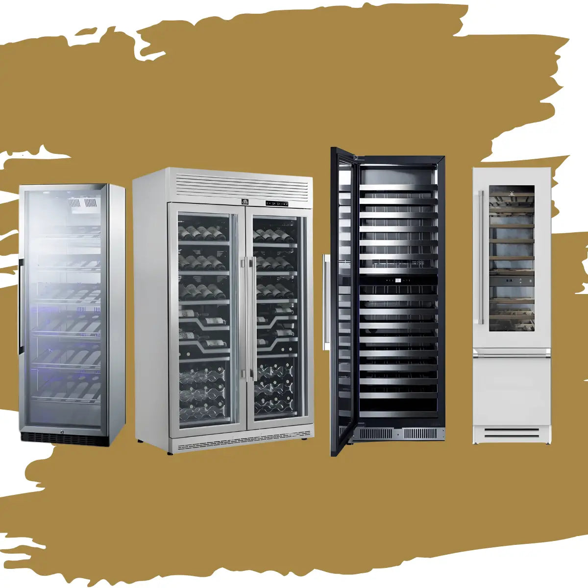 Commercial wine coolers collection featuring high-capacity glass and solid door wine refrigerators with multiple metal shelves, LED lighting, and professional-grade designs for restaurants, bars, and hospitality use.