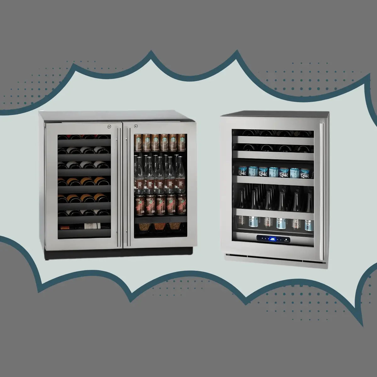 Compact beverage centers collection featuring stainless steel dual-zone wine and drink fridge and single-door beverage cooler for home bar and kitchen use.