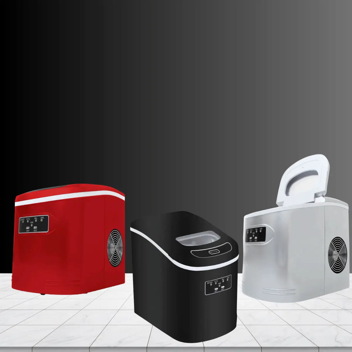 Compact portable ice makers collection featuring red, black, and silver countertop ice machines with digital controls, viewing windows, and side ventilation for home and office use.
