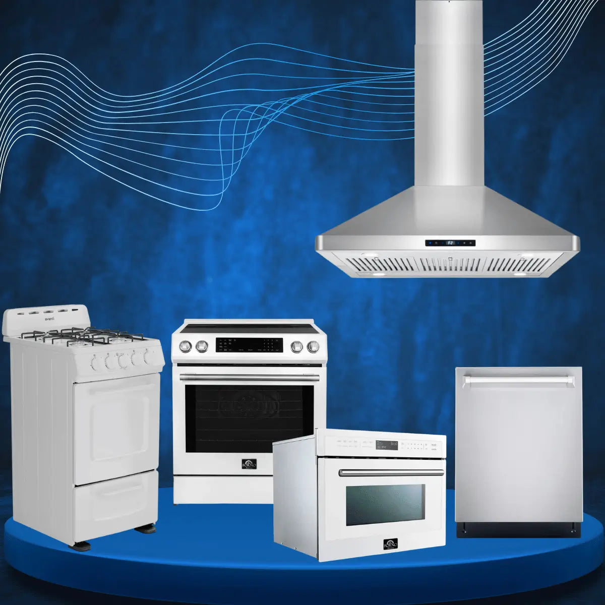 Cooking appliances collection featuring gas and electric ranges, built-in wall oven, stainless steel range hood, and dishwasher for modern kitchen cooking solutions.