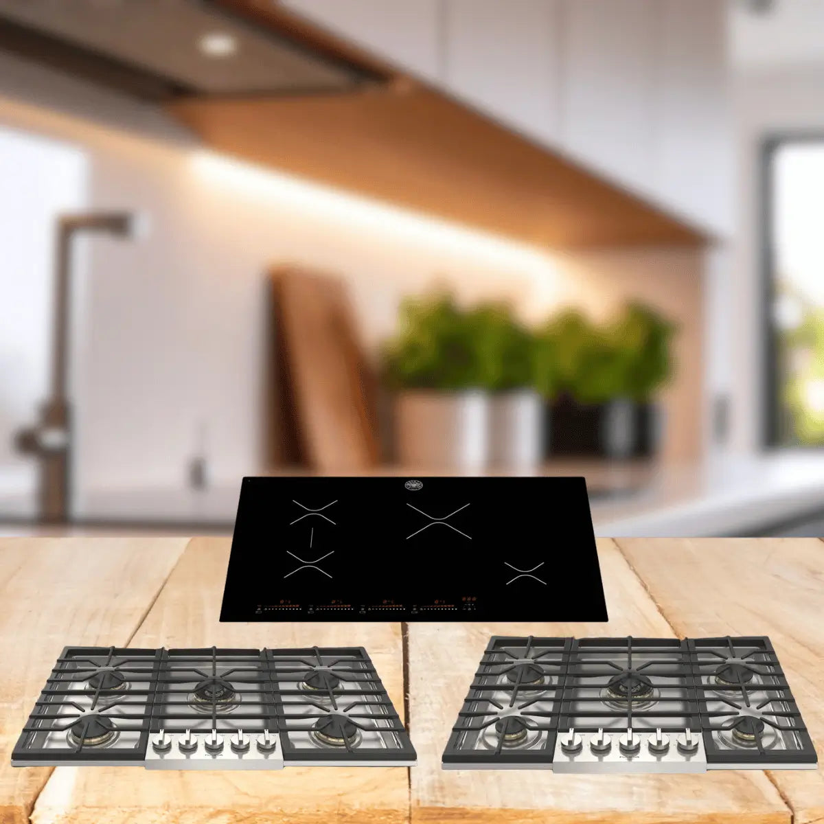 Cooktops collection featuring gas cooktops with multiple burners and a sleek black induction cooktop on a modern kitchen countertop.