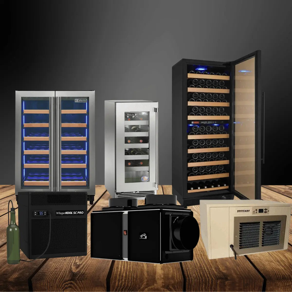 Cooling and heating appliances collection featuring wine coolers, wine cellar cooling units, and climate control systems displayed on a wooden surface with a modern dark background.
