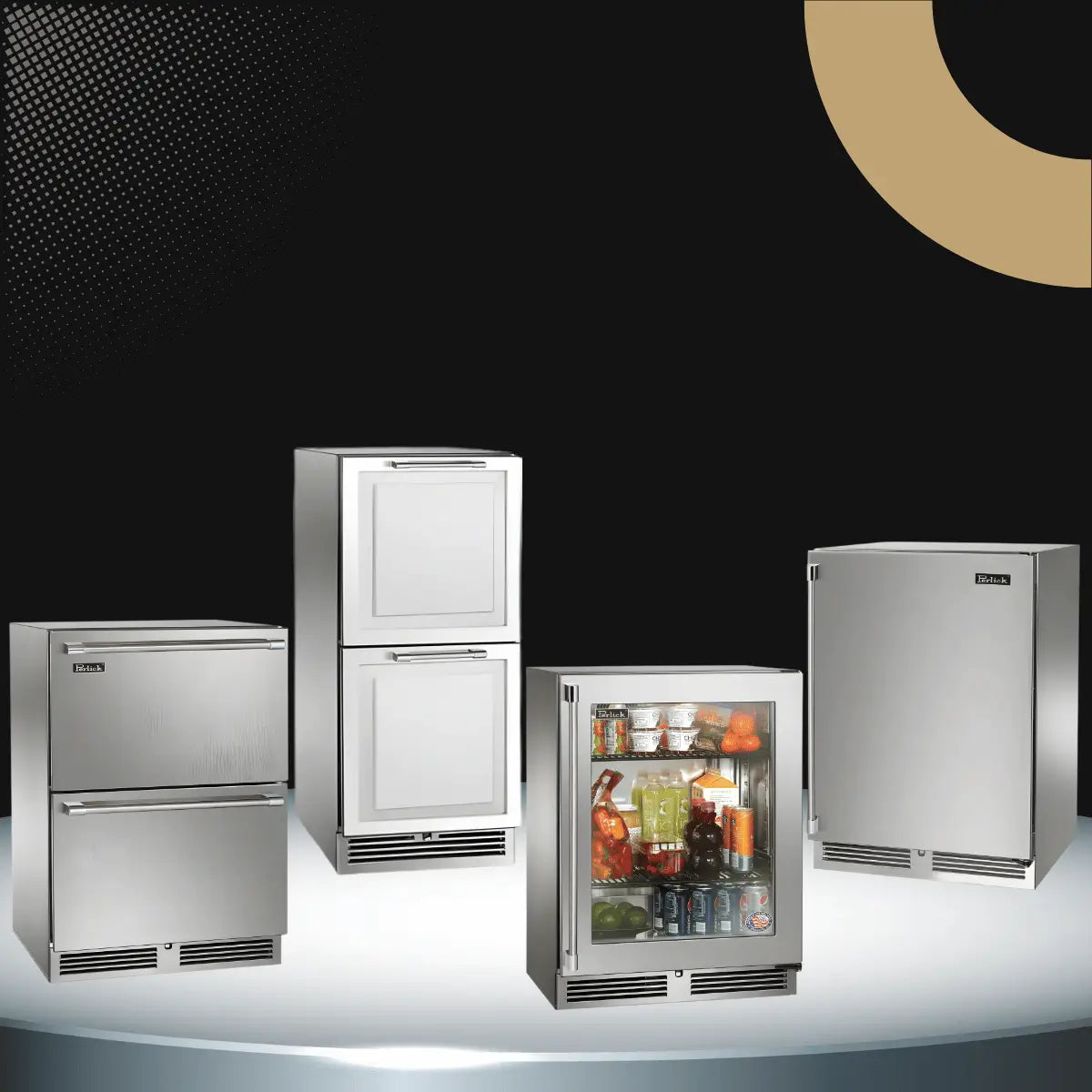 Counter depth refrigerators collection featuring stainless steel drawer refrigerators, glass door beverage fridge, and undercounter refrigeration units for modern kitchens