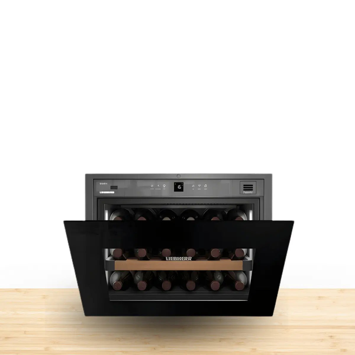 Countertop wine cooler with pull-down glass door, compact design, and wooden shelves holding wine bottles, displayed on a clean modern surface.