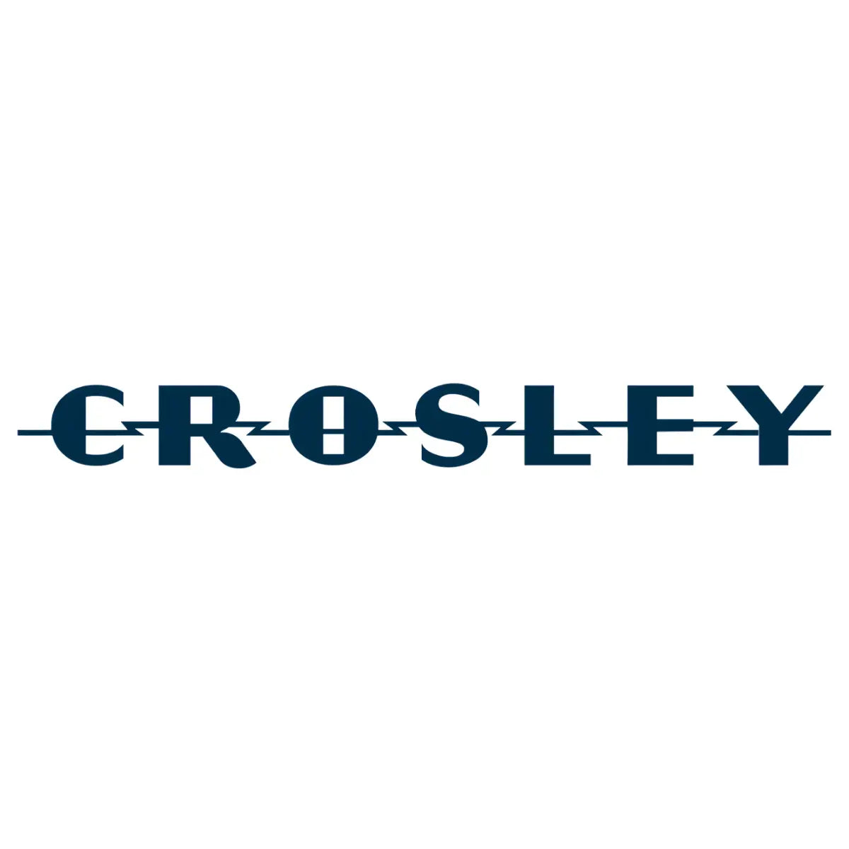 Crosley logo in bold dark blue uppercase letters with lightning bolt line through the text on a light gray background.