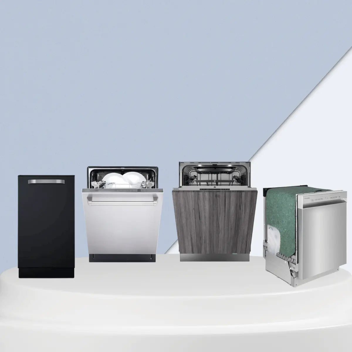 Dishwashers collection featuring black, stainless steel, and panel-ready models with open interior racks and modern kitchen appliance designs