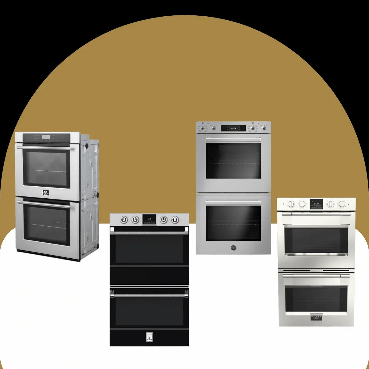 Double ovens collection featuring stainless steel and black built-in double wall ovens with glass doors, digital displays, and modern residential kitchen designs.
