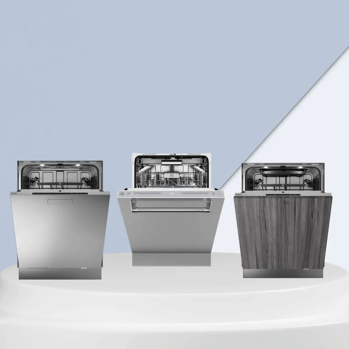 Double rack dishwashers collection featuring stainless steel, white, and panel-ready models with open dual rack interiors
