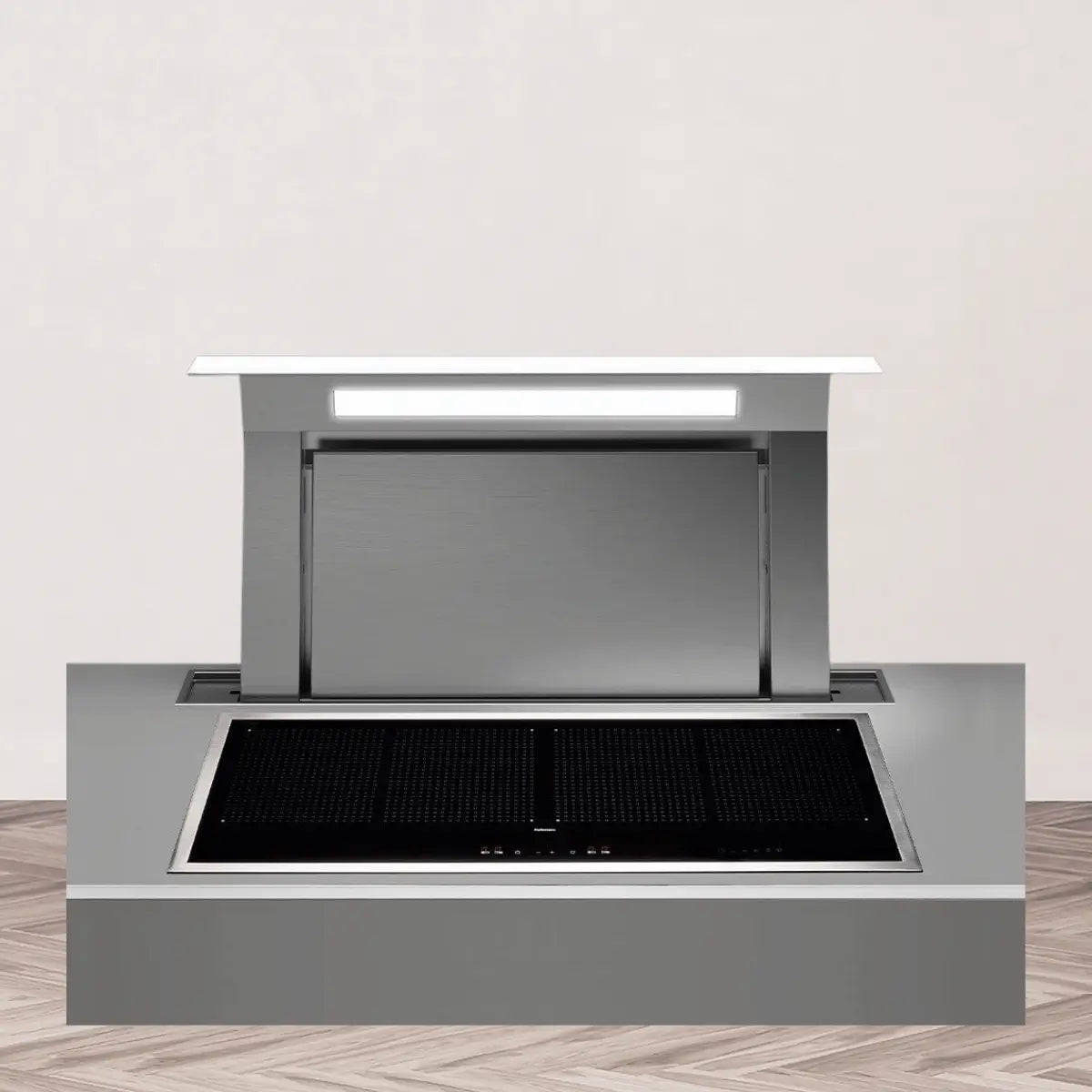 Downdraft range hoods collection featuring a stainless steel pop-up ventilation system integrated into a kitchen island cooktop with sleek modern design and space-saving functionality.