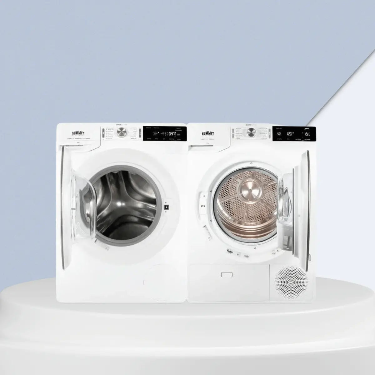 Dryers collection featuring modern front-load washer and dryer set with digital controls, open doors, and stainless steel drums for efficient home laundry.