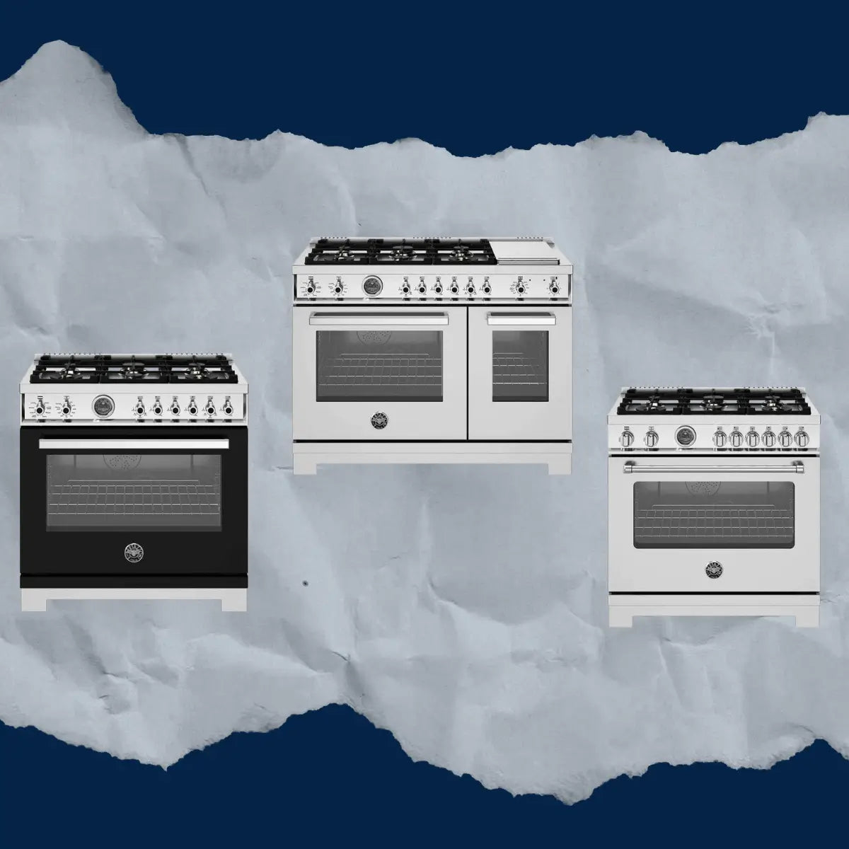 Dual fuel ranges collection featuring professional-style kitchen ranges with gas cooktops and electric ovens, including single and double oven models in stainless steel, black, and white finishes.