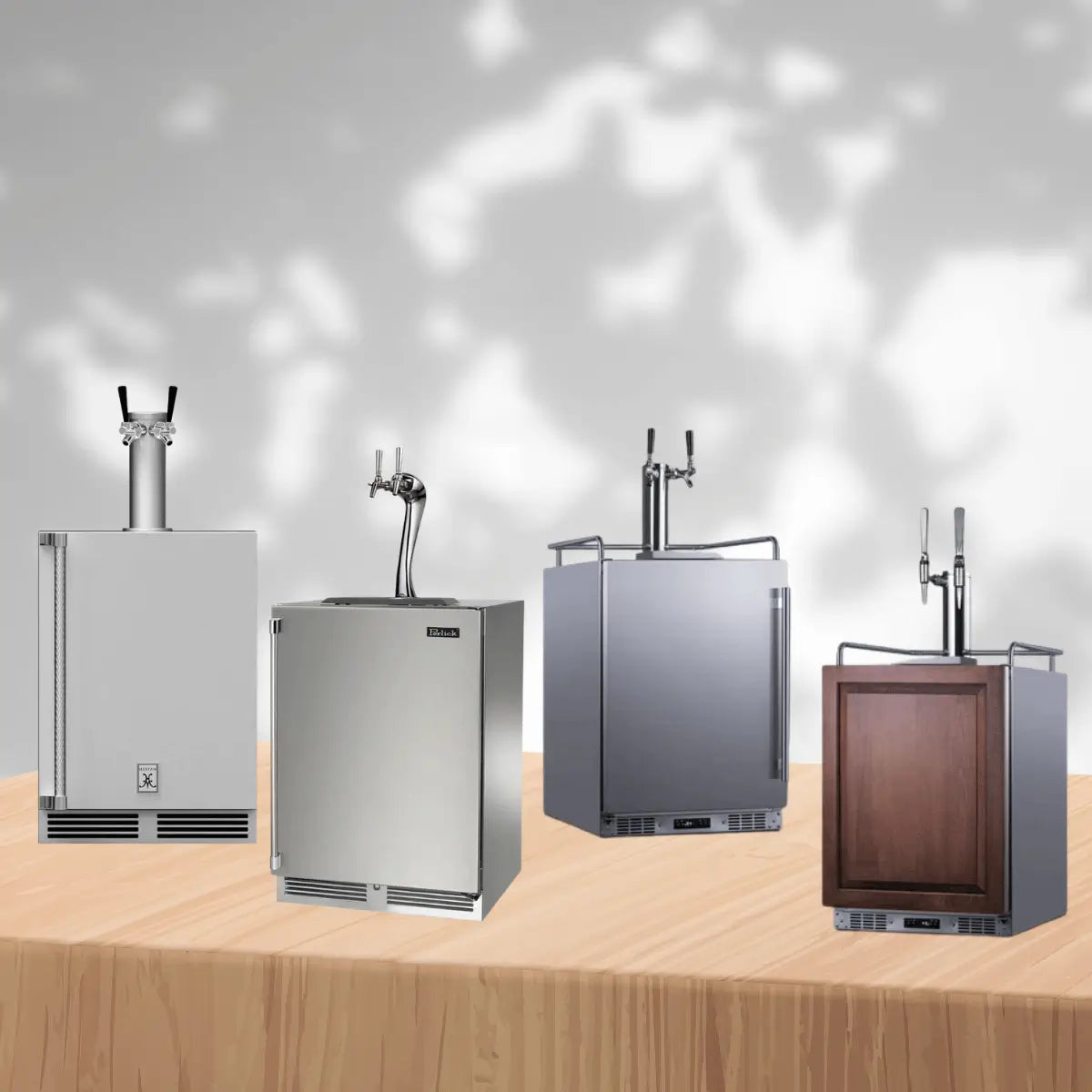 Dual tap kegerators collection featuring stainless steel and wood panel beer dispensers with dual draft tap towers for serving two beverages in home bars