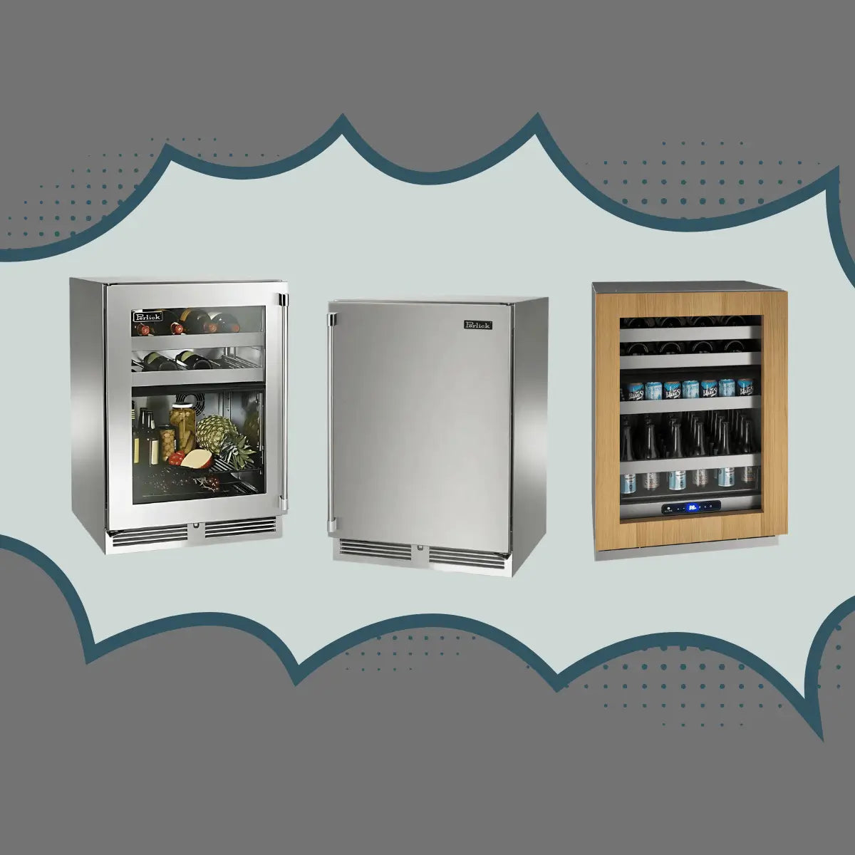 Dual zone beverage centers collection featuring stainless steel and wood-trim glass-door beverage coolers with separate wine and drink storage zones for indoor kitchens and bars.