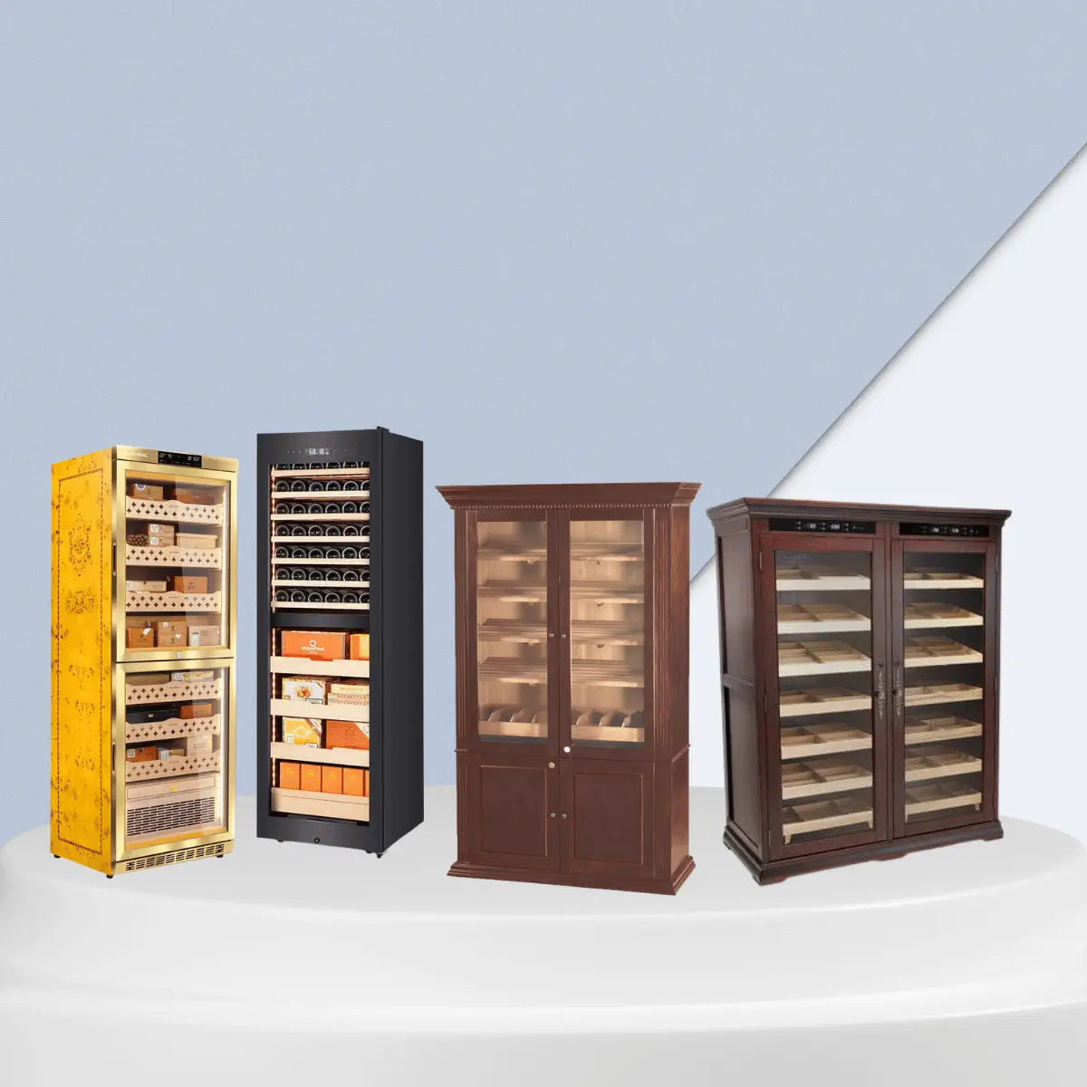 Dual zone cigar humidors collection featuring glass door cabinets in wood, black, and gold finishes with organized cigar storage shelves