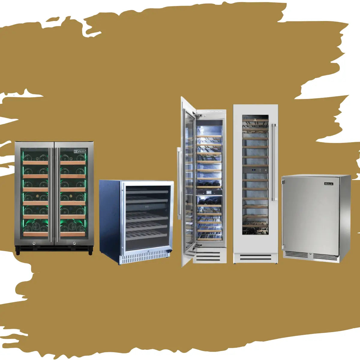 Dual zone wine coolers collection featuring stainless steel and glass-door wine refrigerators with separate temperature zones, wooden shelves, LED lighting, and built-in or freestanding designs for red and white wine storage.
