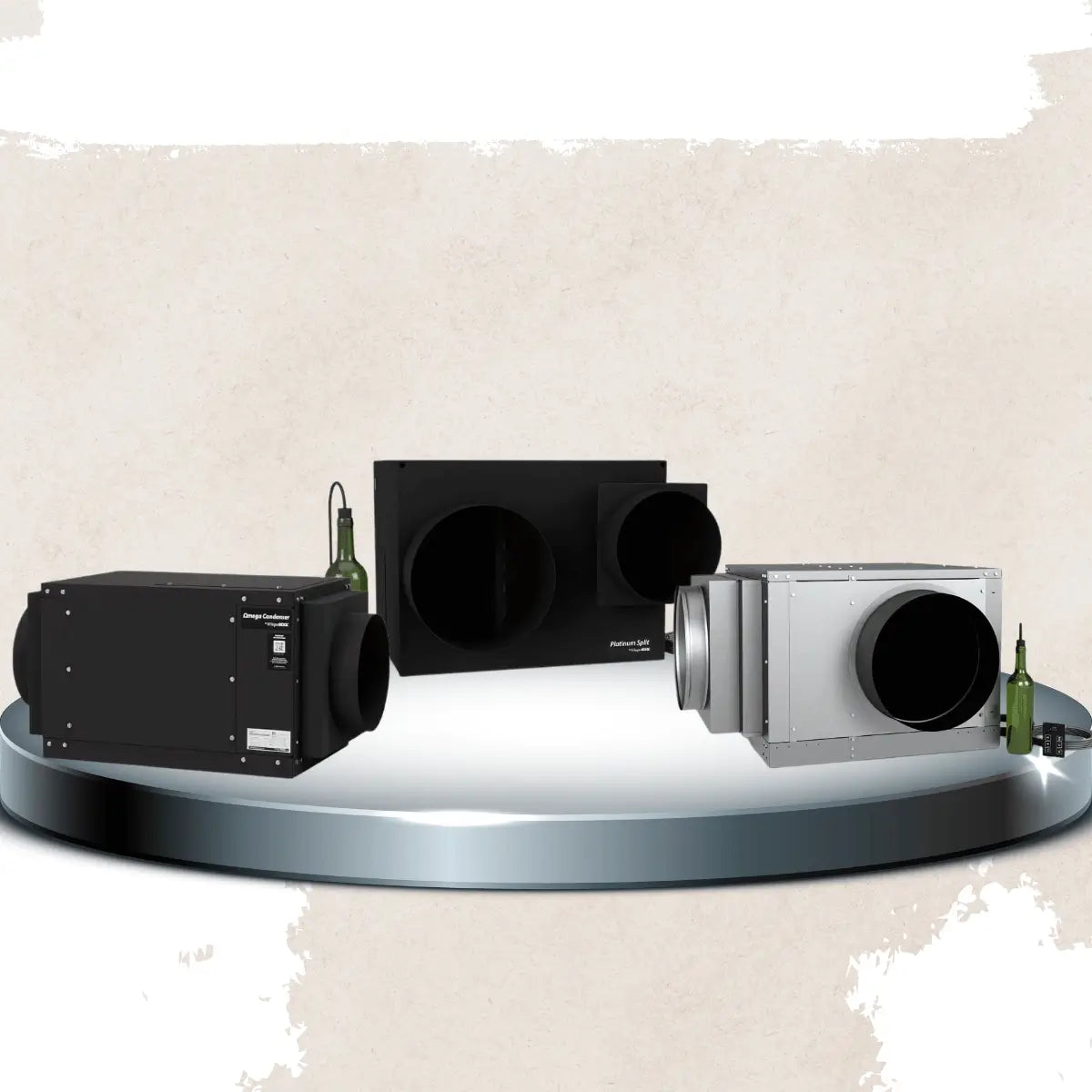 Ducted split wine cellar cooling units collection featuring condenser and evaporator systems with round duct connections and digital temperature controllers for remote wine cellar climate control.