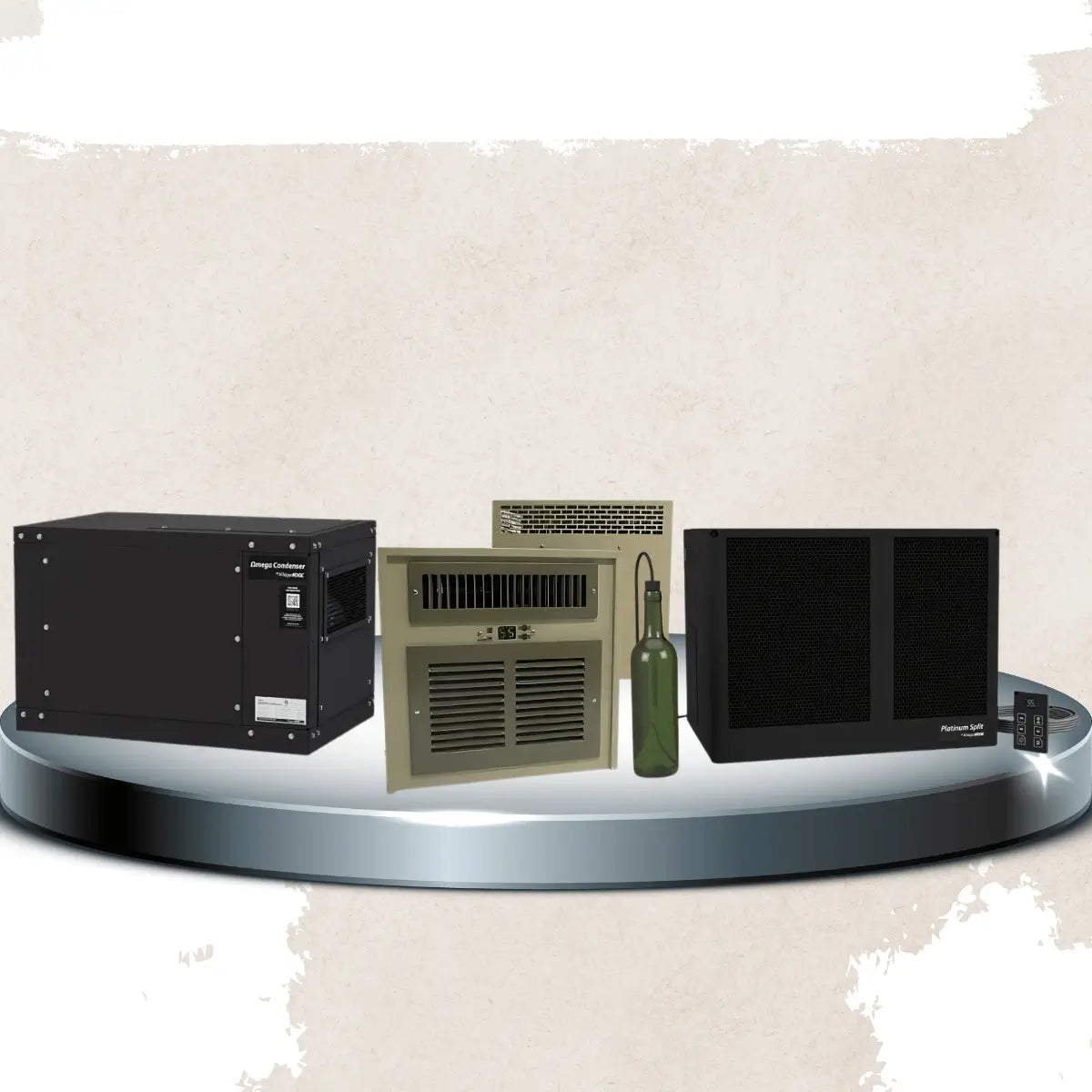 Ductless split wine cellar cooling units collection featuring black condenser and evaporator systems with digital temperature controllers for remote, high-performance wine cellar climate control.