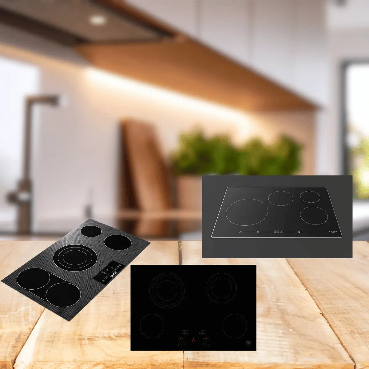 Electric cooktops collection featuring sleek black glass-ceramic electric cooktops with multiple heating zones and touch controls for modern kitchens