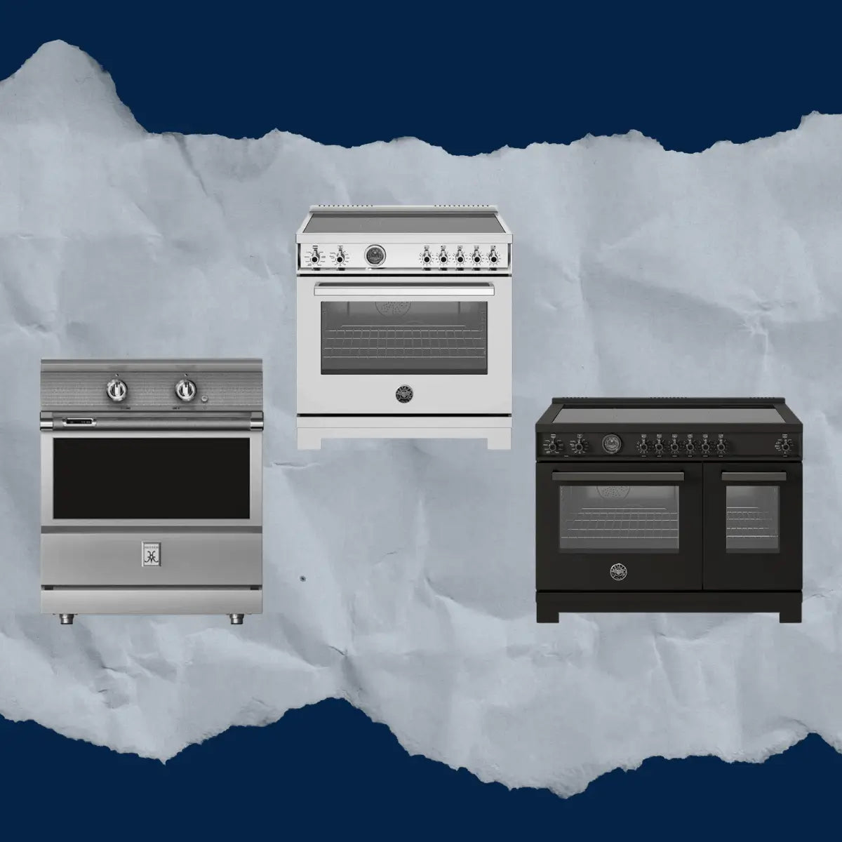 Electric and induction ranges collection featuring stainless steel, white, and black kitchen ranges with smooth glass cooktops, front control knobs, and single and double oven configurations for modern home cooking.