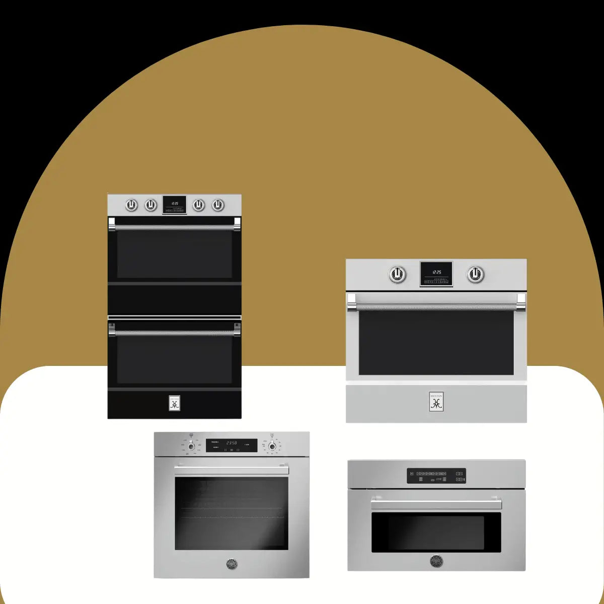 Electric ovens collection featuring stainless steel single and double built-in wall ovens with digital displays, control knobs, and modern glass door designs for residential kitchens.