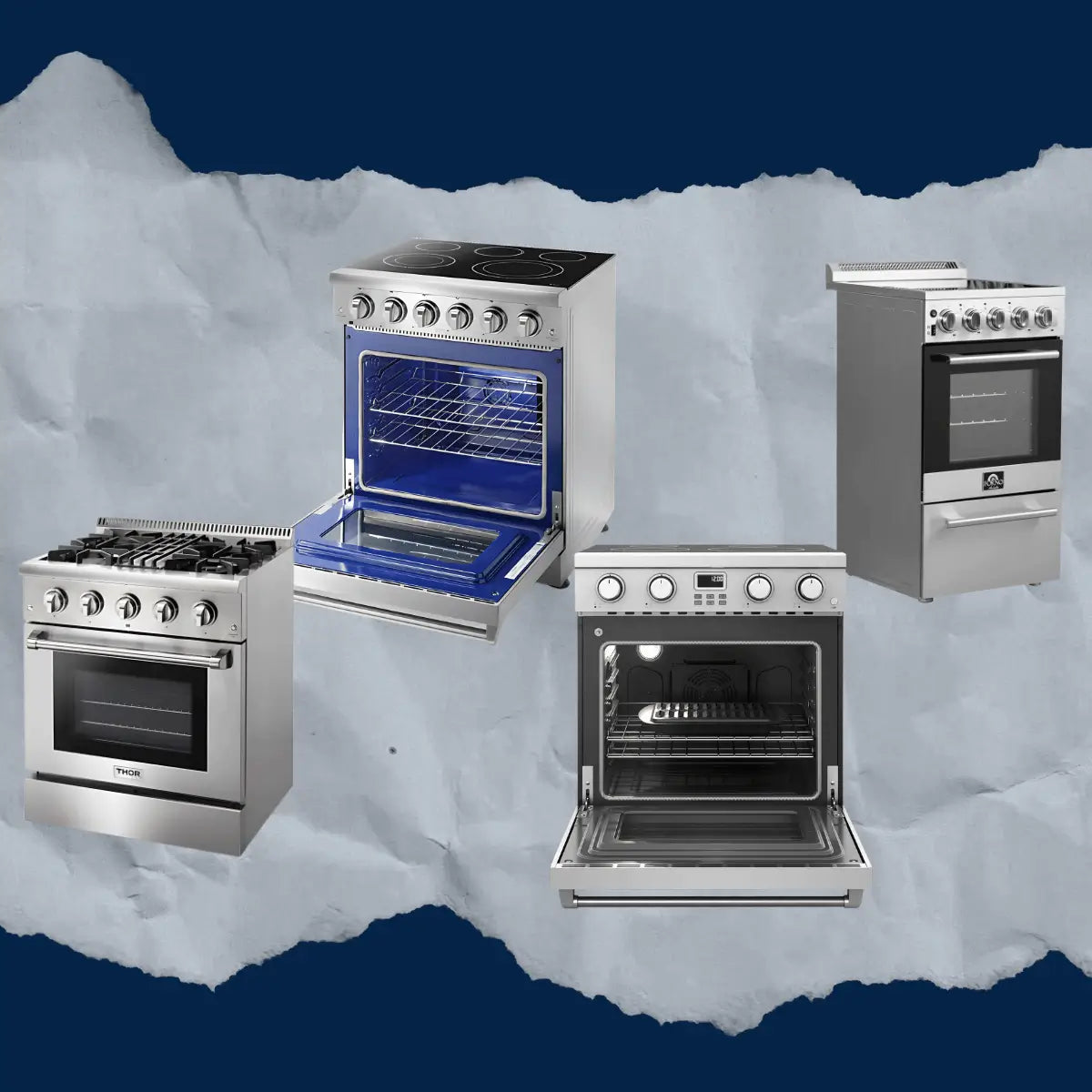 Electric ranges collection featuring stainless steel freestanding kitchen ranges with smooth glass cooktops, front control knobs, and open oven interiors with multiple racks for modern home cooking.