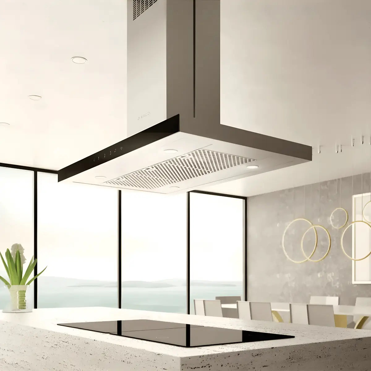 Elica ceiling-mounted range hood with modern stainless steel design installed above a kitchen island cooktop in a luxury contemporary kitchen setting.