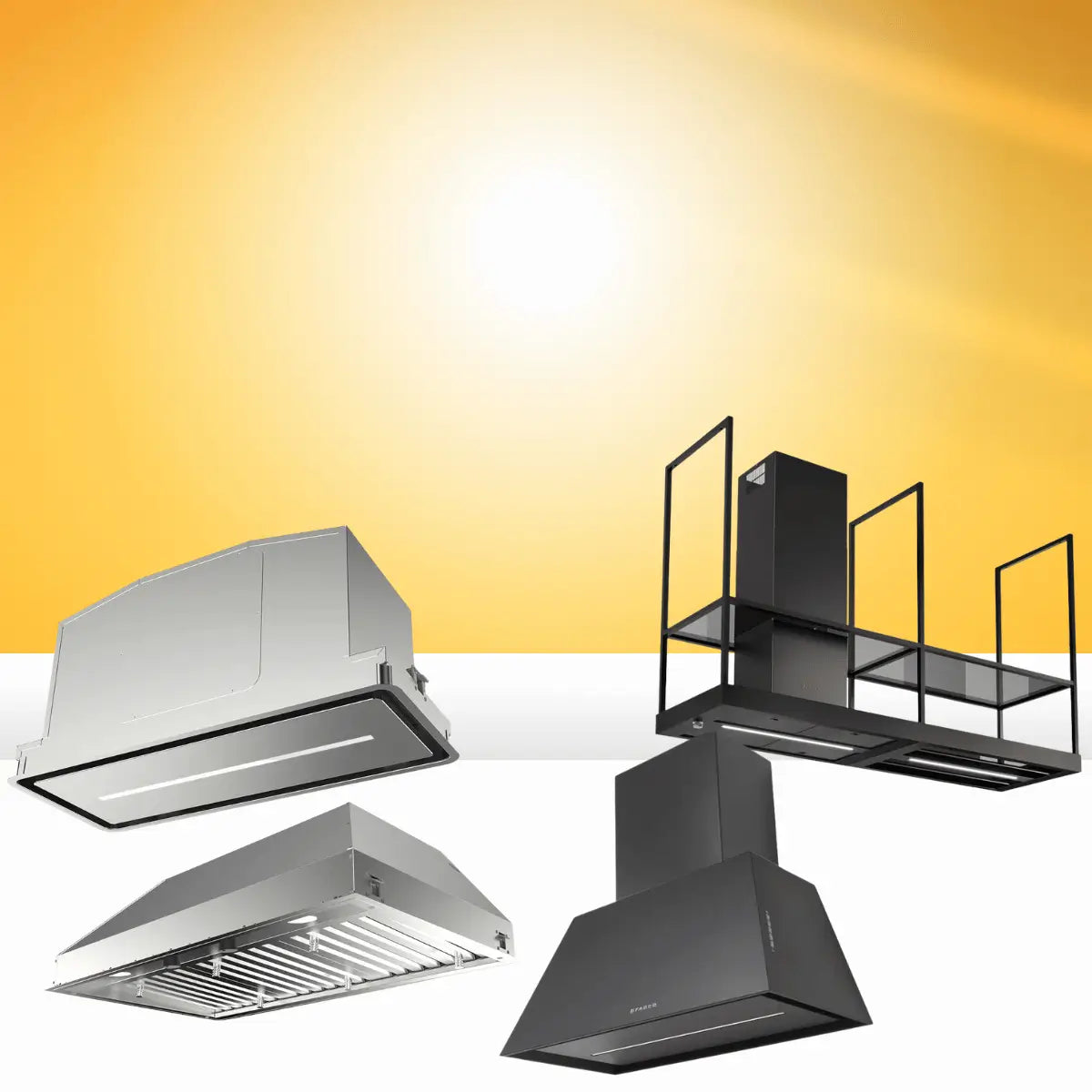 FABER range hoods collection featuring ceiling, under cabinet, wall mount, and suspended kitchen ventilation designs in stainless steel and black finishes