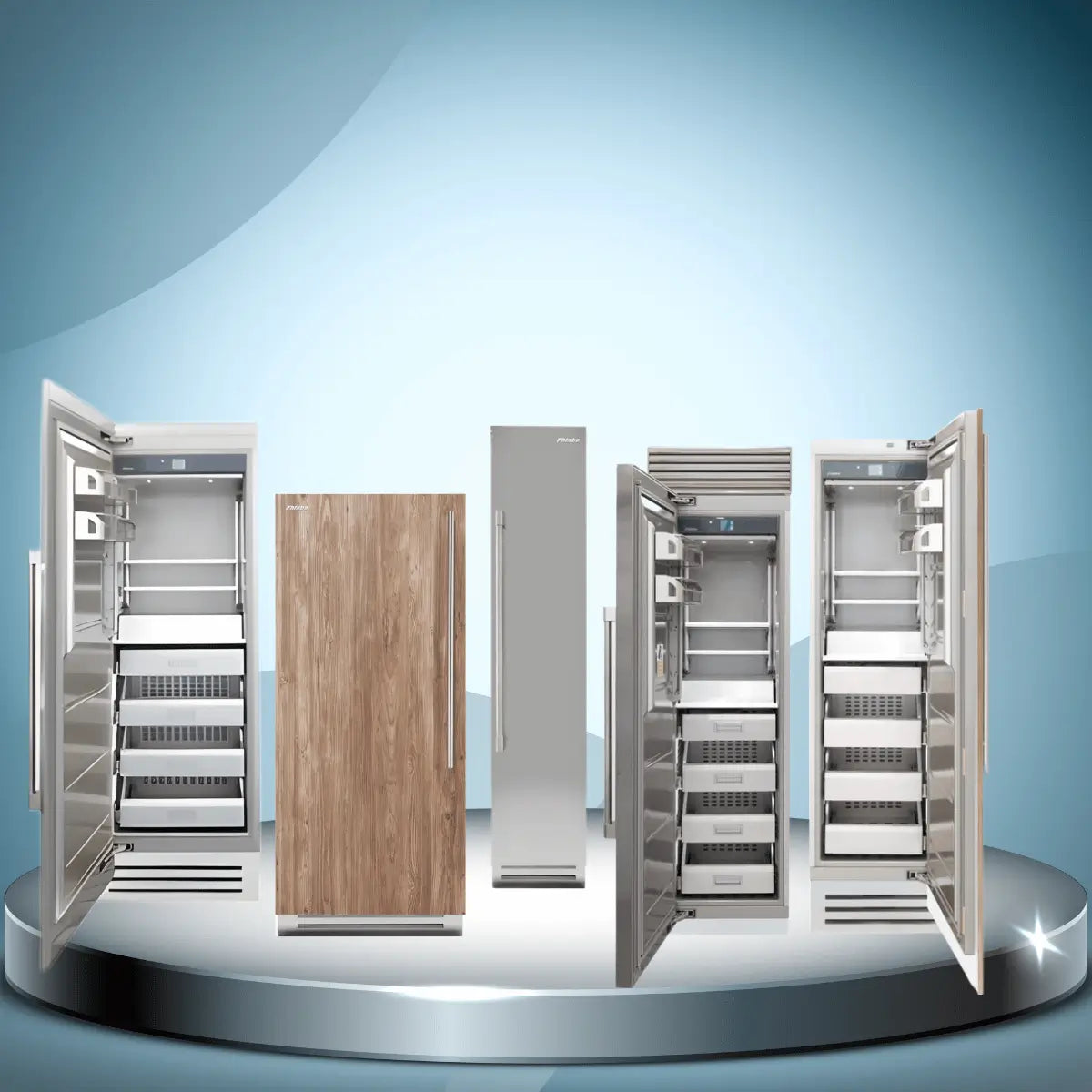 Fhiaba freezers collection featuring luxury built-in freezer columns with stainless steel and panel-ready designs and multiple freezer drawer storage systems
