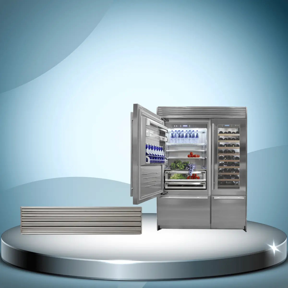 Fhiaba refrigerator accessories collection featuring stainless steel ventilation grille panel and luxury built-in refrigerator with wine storage compartment