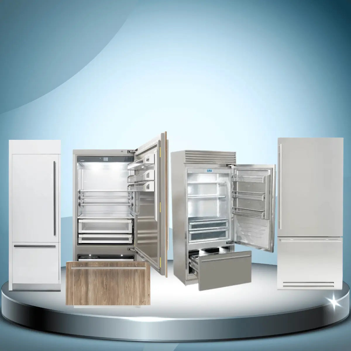 Fhiaba refrigerators collection featuring luxury built-in refrigerators with panel-ready designs, stainless steel interiors, and bottom freezer drawers