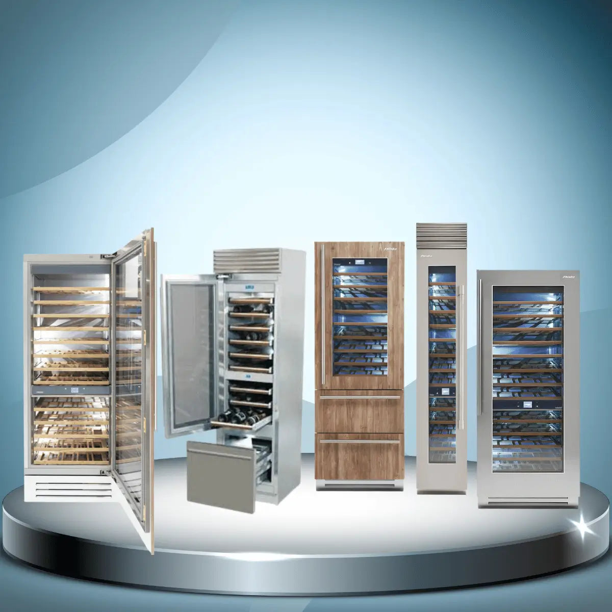 Fhiaba wine coolers collection featuring luxury glass-door wine refrigerators with wooden bottle racks and stainless steel wine storage cabinets