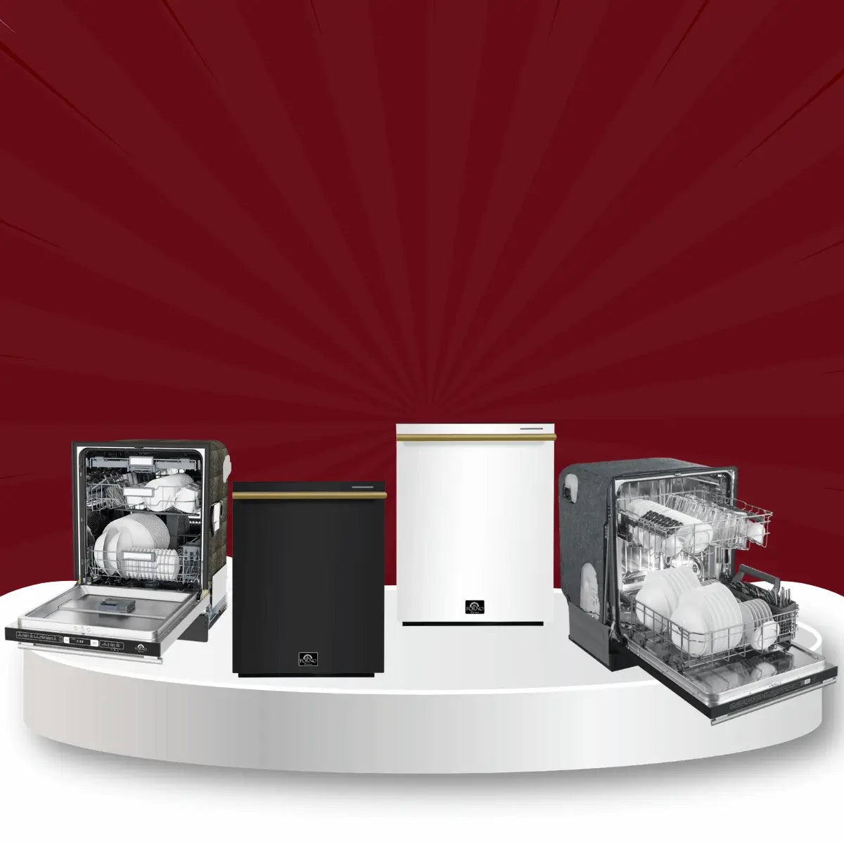 Forno dishwashers collection featuring stainless steel, black, and white built-in dishwashers with open racks and modern kitchen design displayed on a showroom platform