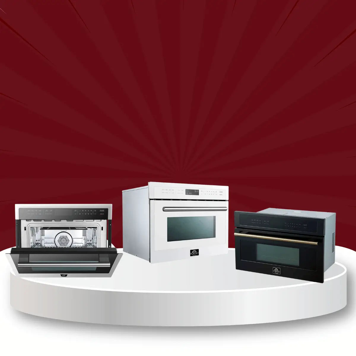 Forno microwaves collection featuring built-in, countertop, and drawer-style microwave ovens in white and black finishes displayed on a showroom platform