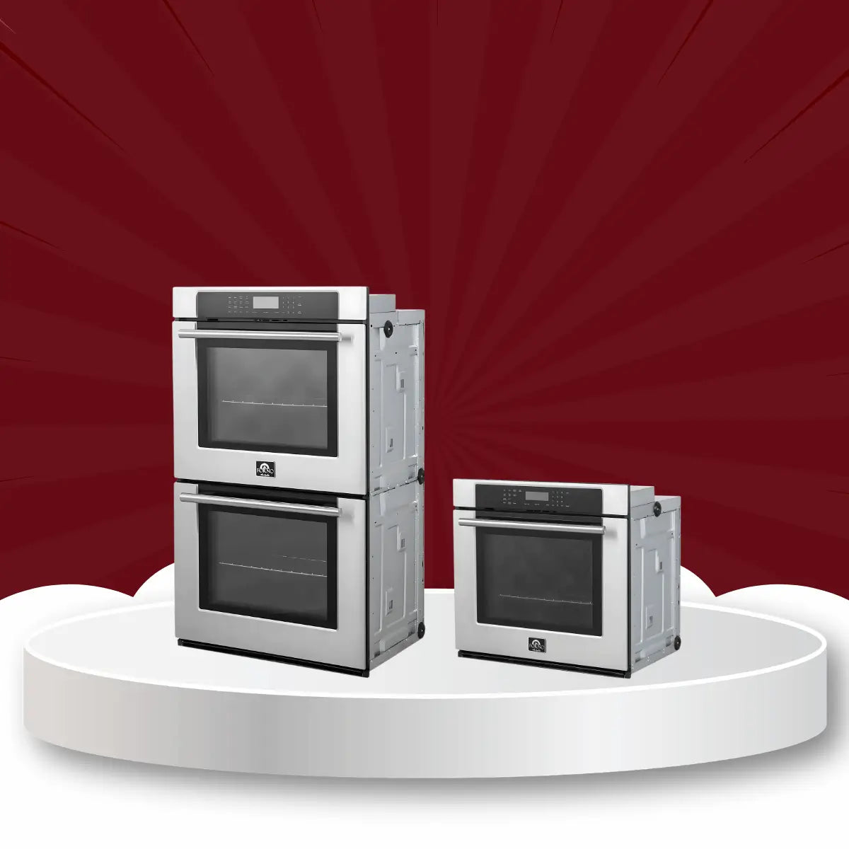 Forno ovens collection featuring built-in single and double wall ovens with stainless steel finish and digital control panels displayed on a showroom platform