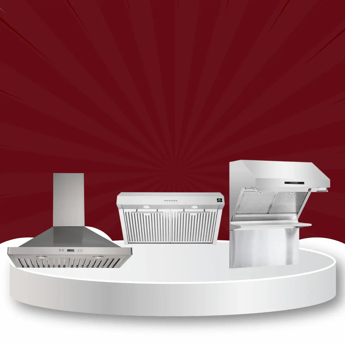 Forno range hoods collection featuring stainless steel wall-mounted chimney hood, under-cabinet hood insert, and lift-up range hood displayed on a showroom platform