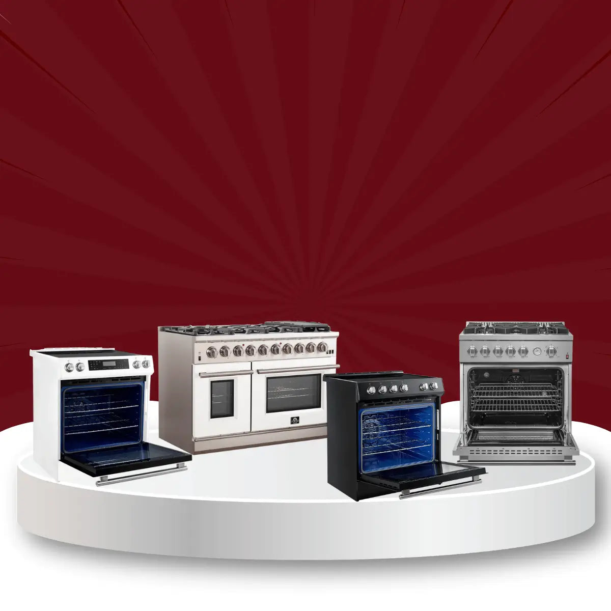 Forno ranges collection featuring white, black, and stainless steel freestanding gas ranges and ovens with open doors displayed on a showroom platform