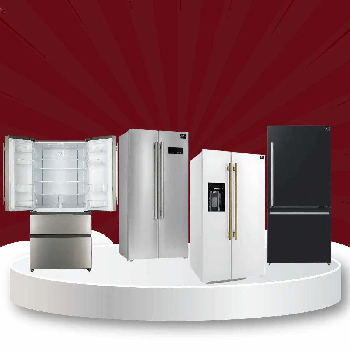 Forno refrigerators collection featuring French-door, side-by-side, and bottom-freezer refrigerators in stainless steel, white, and black finishes displayed on a showroom platform