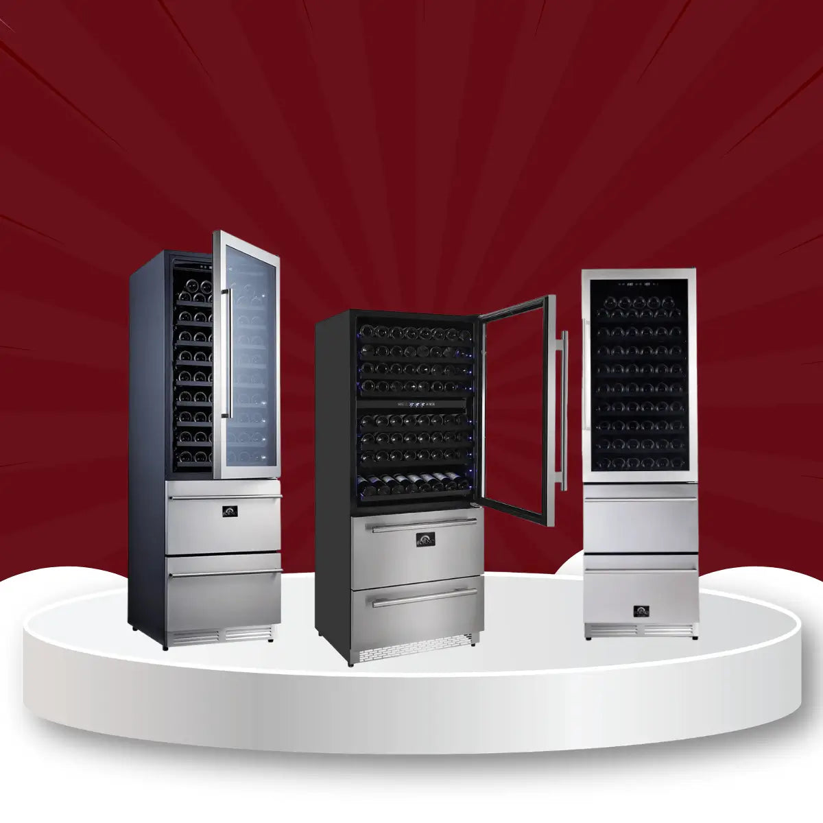 Forno wine beverage coolers combo collection display featuring premium kitchen appliances on a white showroom platform with red background