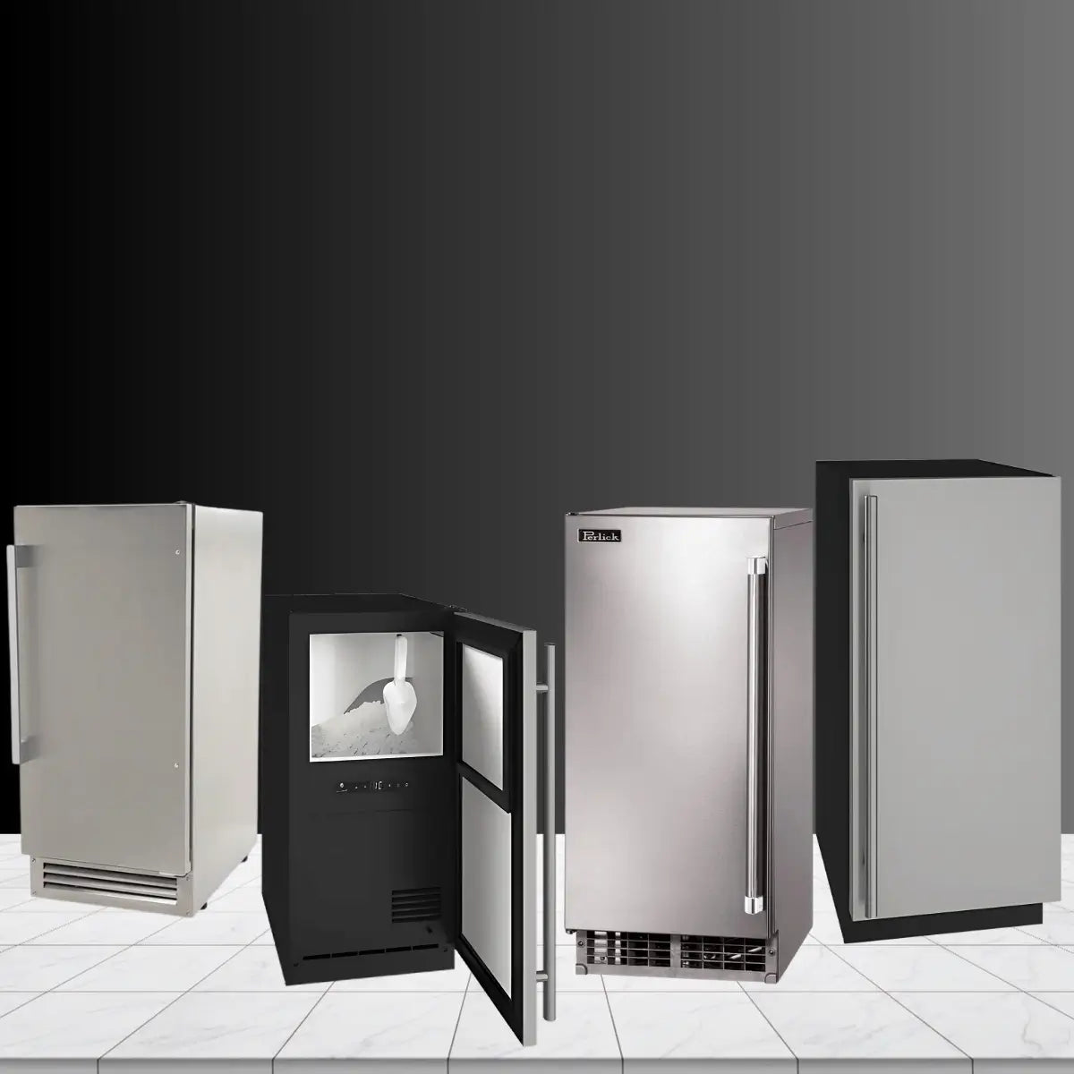Freestanding and built-in ice makers collection featuring stainless steel and black ice machines with storage bins, front ventilation, and modern residential designs.